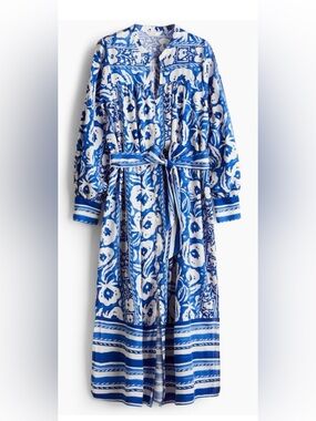 H&M Blue and White Floral Tie-Waist Maxi Dress with Striped Hem